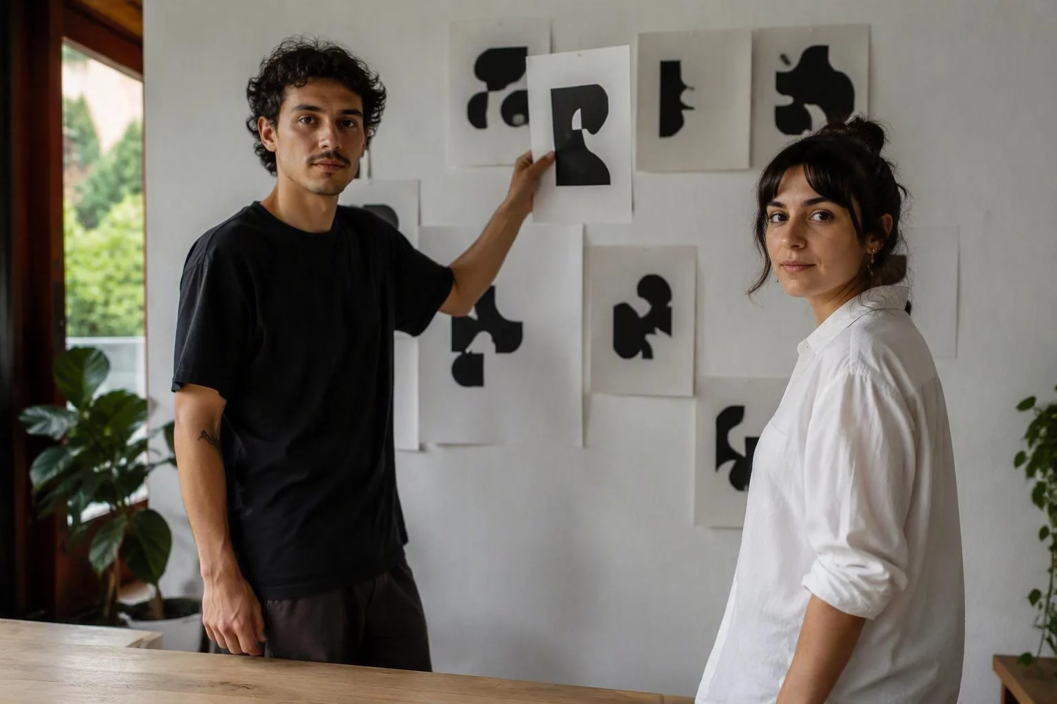 Dupla comparando provas de marca presas numa parede de ateliê