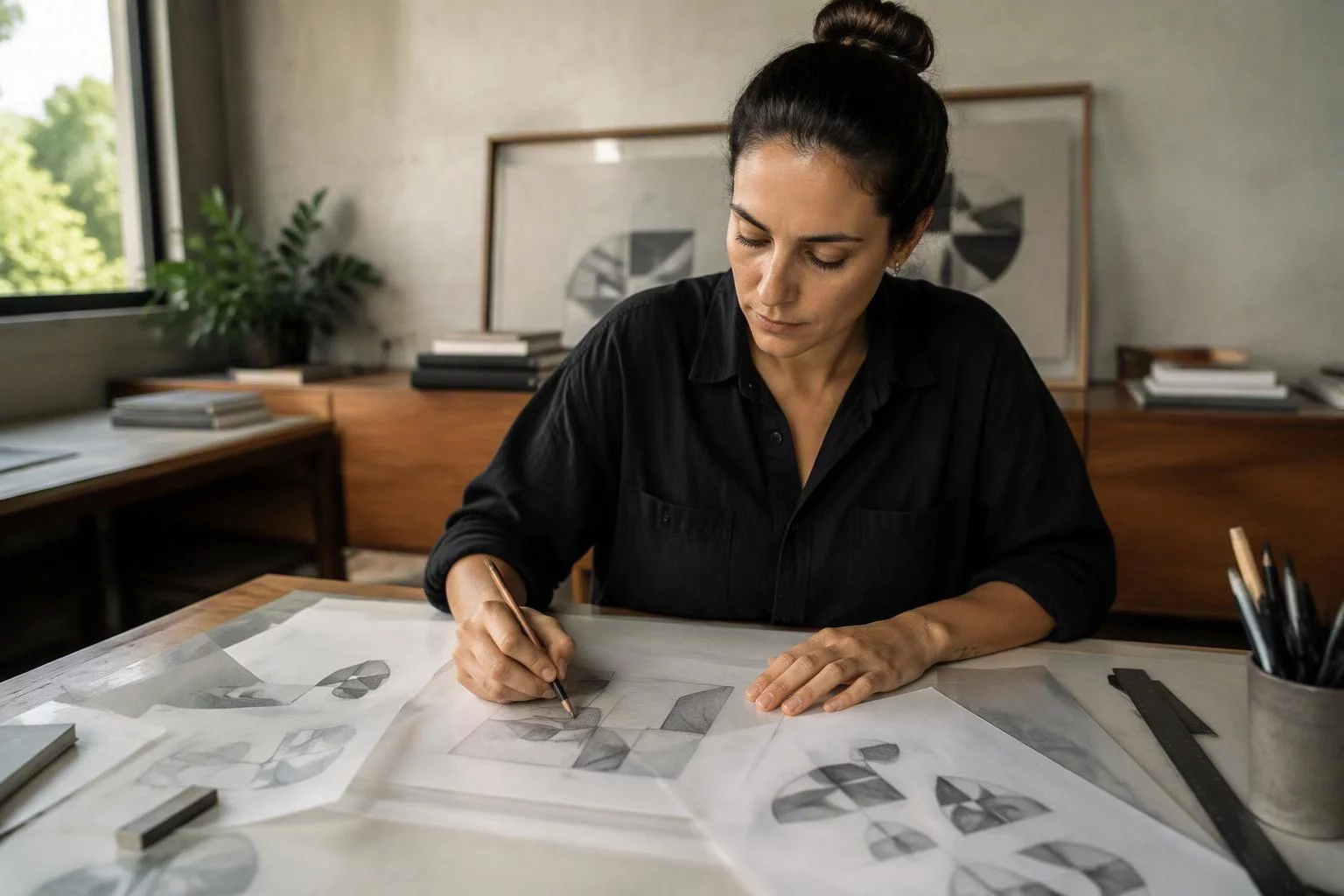 Designer desenhando variações de um símbolo sobre papel vegetal